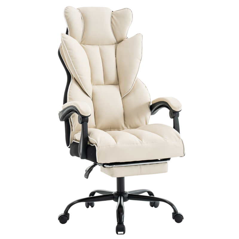 Fotel biurowy ergonomiczny obrotowy krzesło z podnóżkiem beżowo-biały Premium