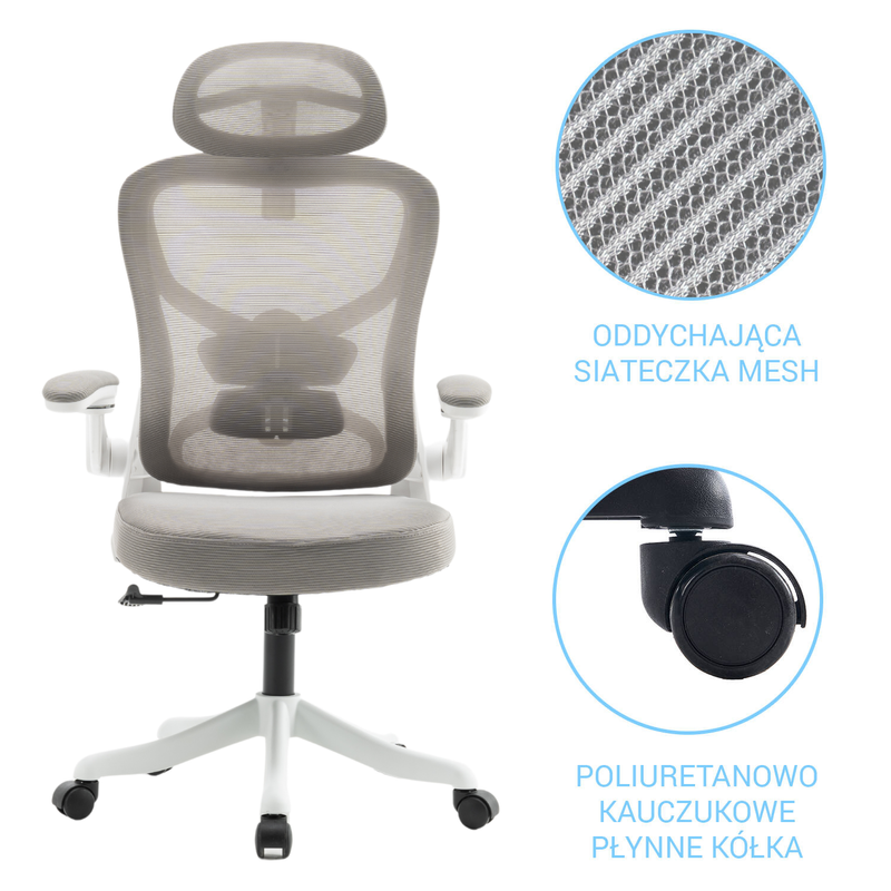 Fotel biurowy ergonomiczny obrotowy siateczkowy bujany krzesło szaro-biały Prime