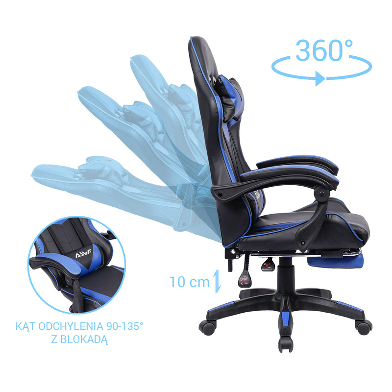 Fotel gamingowy z podnóżkiem krzesło dla gracza biurowy ergonomiczny czarno-niebieski Sienna