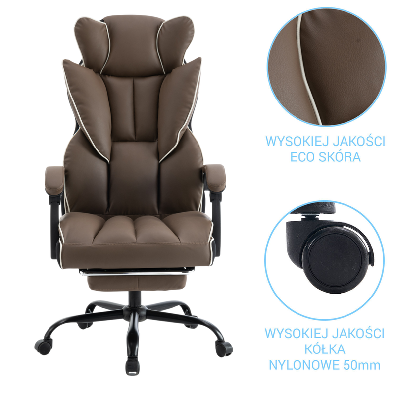 Fotel biurowy ergonomiczny obrotowy krzesło z podnóżkiem brązowy Premium