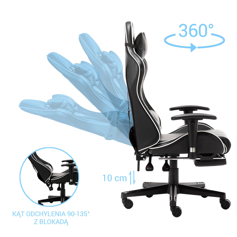 Fotel dla gracza gamingowy ergonomiczny kubełkowy krzesło z podnóżkiem czarno-biały Corpo