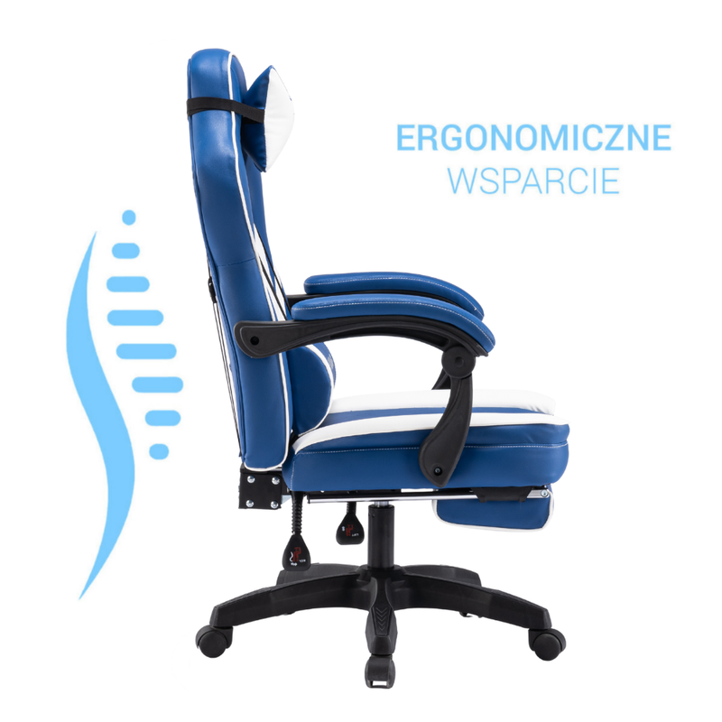 Fotel gamingowy z podnóżkiem ekoskóra krzesło dla gracza biurowy ergonomiczny niebiesko-biały Champion