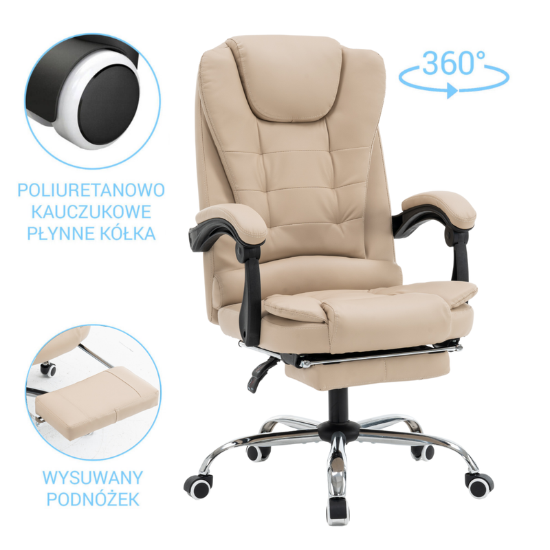 Fotel biurowy ergonomiczny obrotowy bujany krzesło z podnóżkiem ekoskóra beżowy Relax