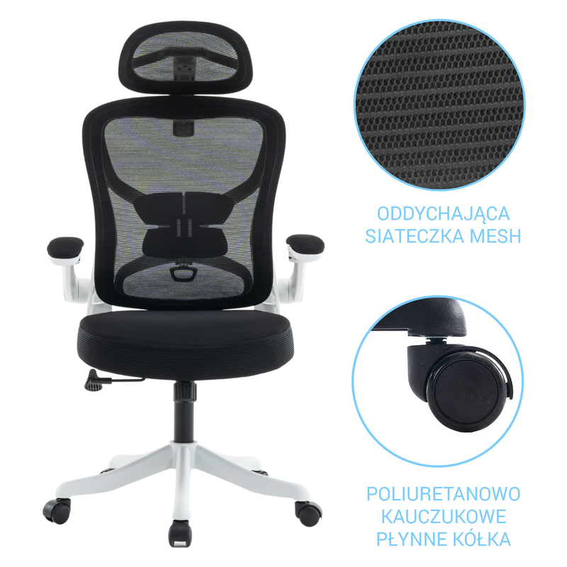Fotel biurowy ergonomiczny obrotowy siateczkowy bujany krzesło czarno-biały Prime