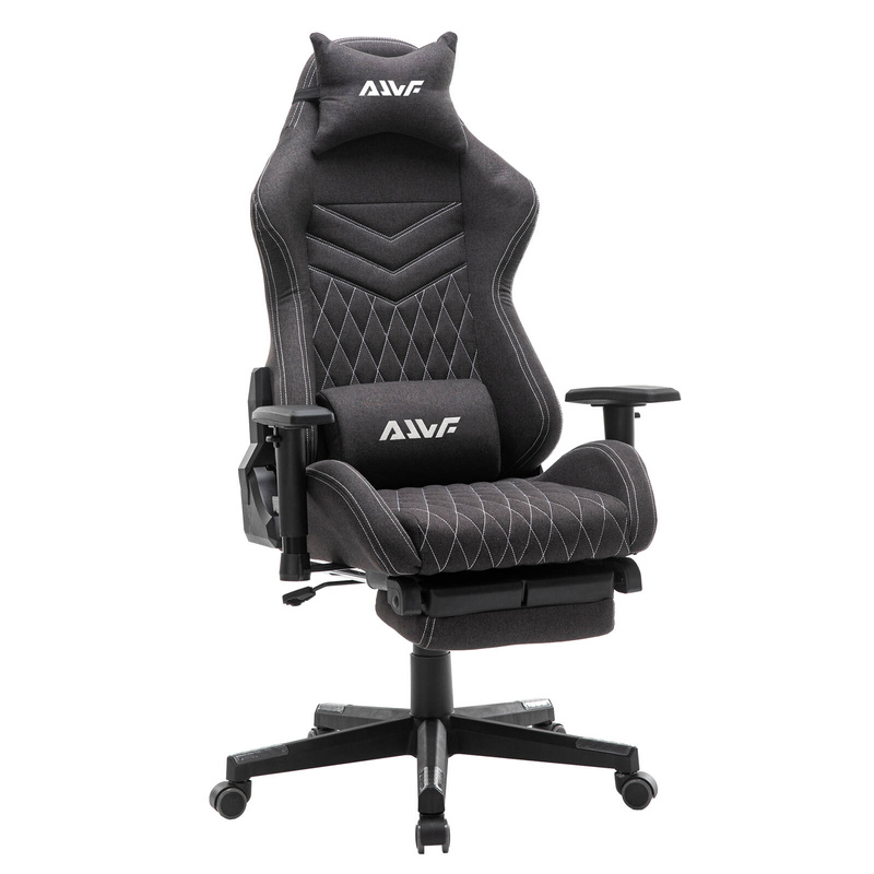 Fotel dla gracza gamingowy kubełkowy materiałowy ergonomiczny krzesło z podnóżkiem czarny Modern