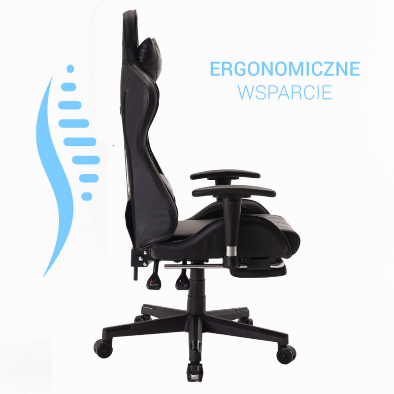 Fotel dla gracza gamingowy ergonomiczny krzesło biurowe z podnóżkiem czarny Corpo