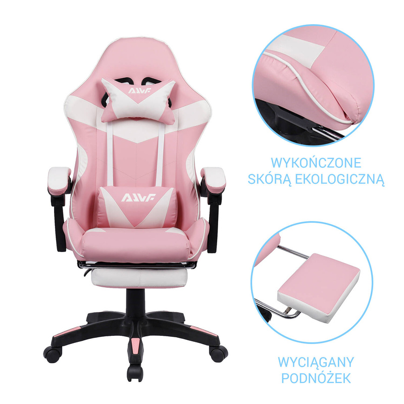 Fotel dla gracza gamingowy biurowy ergonomiczny z podnóżkiem krzesło obrotowe biało-różowy Sienna