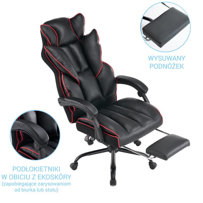 Fotel biurowy ergonomiczny obrotowy krzesło z podnóżkiem czarno-czerwony Premium