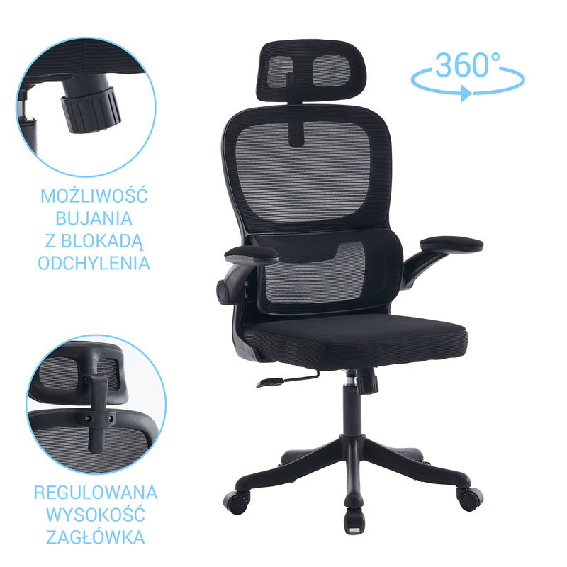 Fotel biurowy ergonomiczny obrotowy siateczkowy bujany krzesło czarny Classic