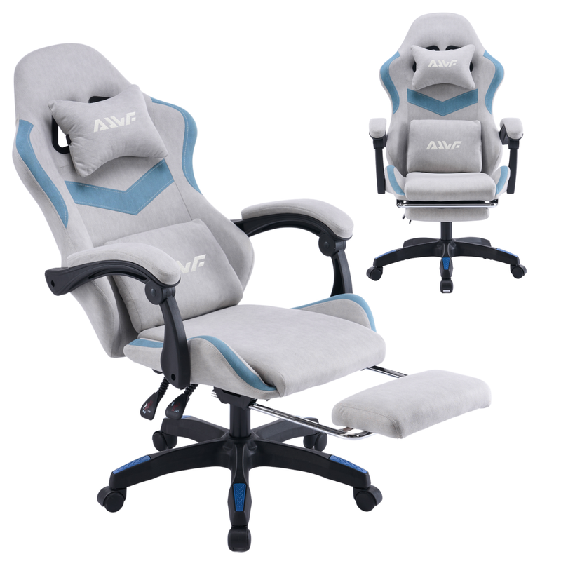 Fotel gamingowy z podnóżkiem zamszowy materiałowy krzesło dla gracza biurowy ergonomiczny szaro-niebieski Empo