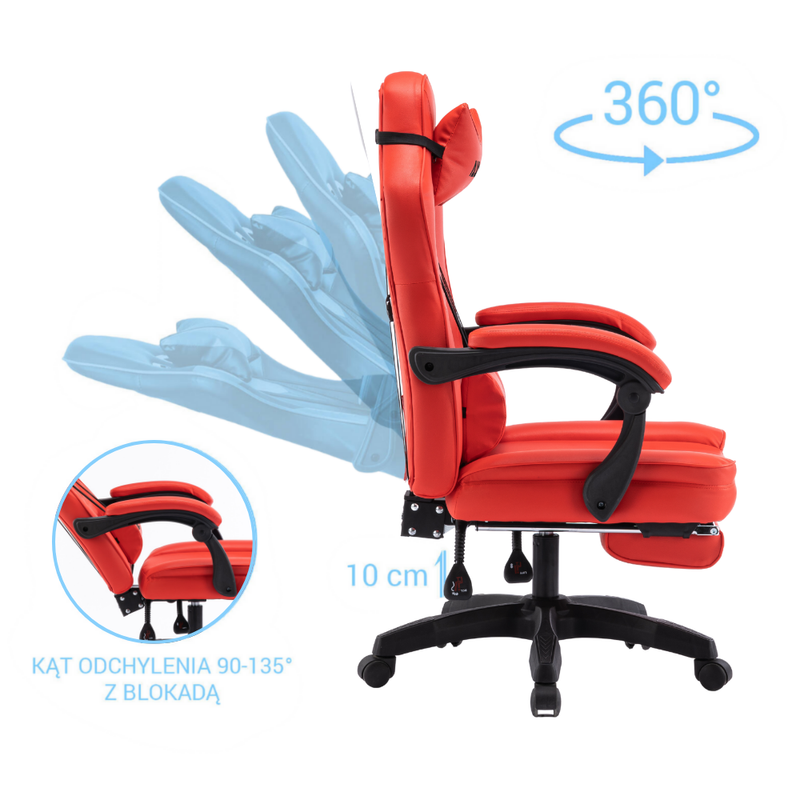 Fotel gamingowy z podnóżkiem ekoskóra krzesło dla gracza biurowy ergonomiczny czerwony Champion