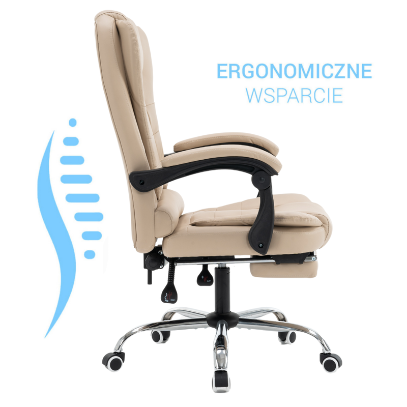 Fotel biurowy ergonomiczny obrotowy bujany krzesło z podnóżkiem ekoskóra beżowy Relax