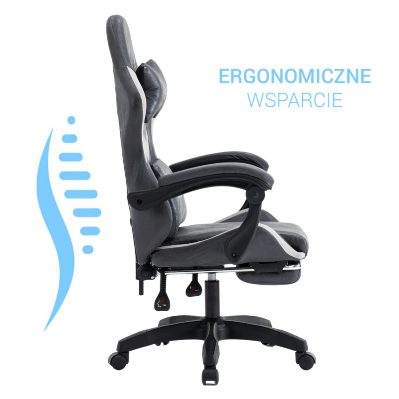 Fotel gamingowy z podnóżkiem ekoskóra krzesło dla gracza biurowy ergonomiczny czarno-szary Empo