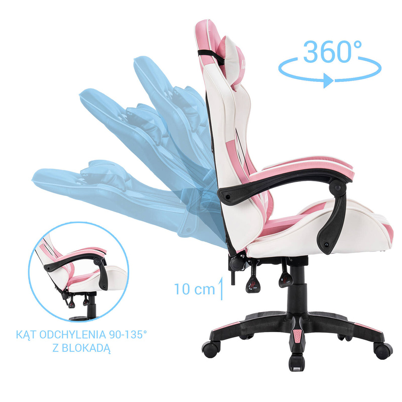 Fotel dla gracza gamingowy krzesło obrotowe biurowe biało-różowy Queen
