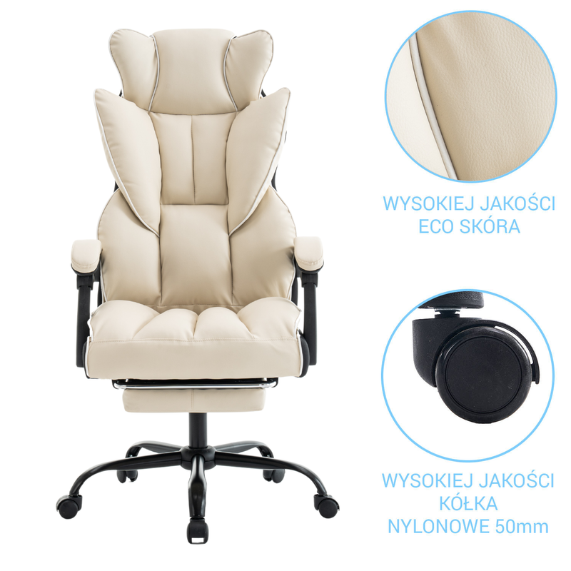 Fotel biurowy ergonomiczny obrotowy krzesło z podnóżkiem beżowo-biały Premium