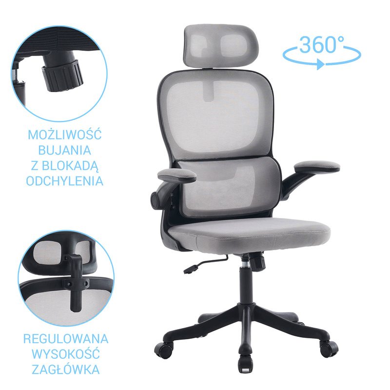 Fotel biurowy ergonomiczny obrotowy siateczkowy bujany szaro-czarny Classic