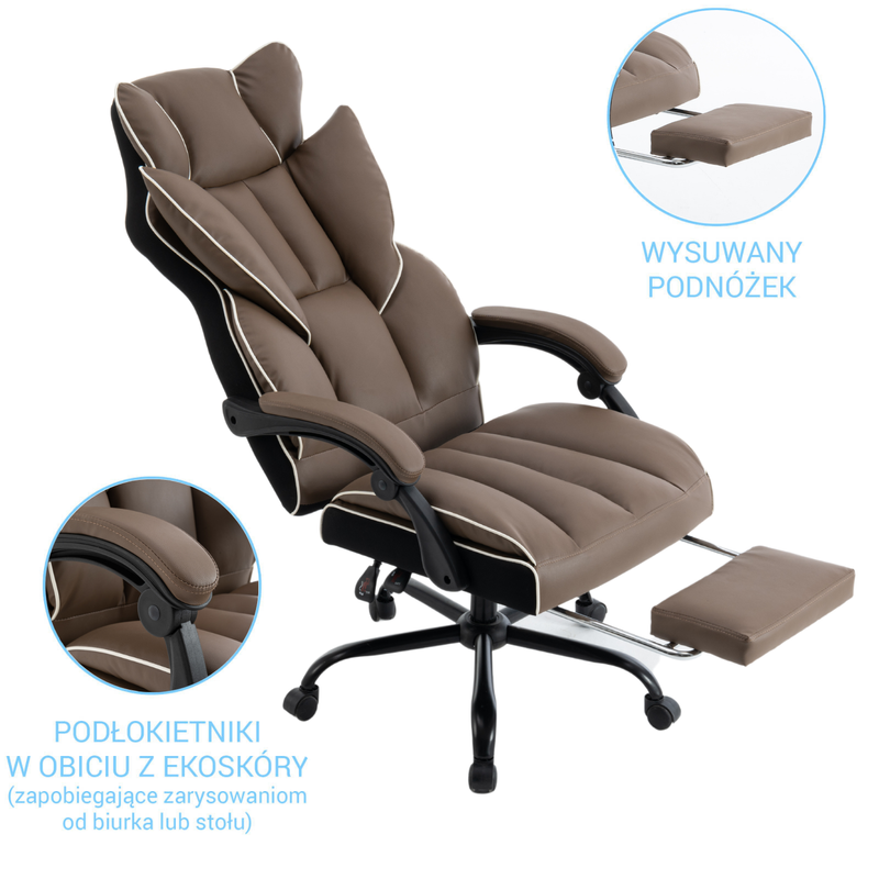 Fotel biurowy ergonomiczny obrotowy krzesło z podnóżkiem brązowy Premium
