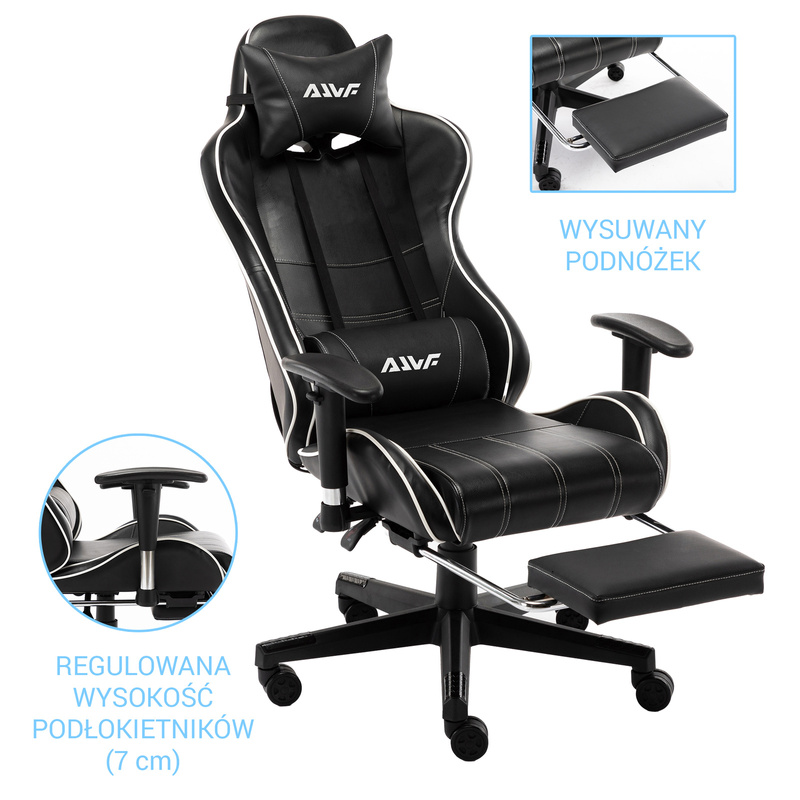 Fotel dla gracza gamingowy ergonomiczny kubełkowy krzesło z podnóżkiem czarno-biały Corpo