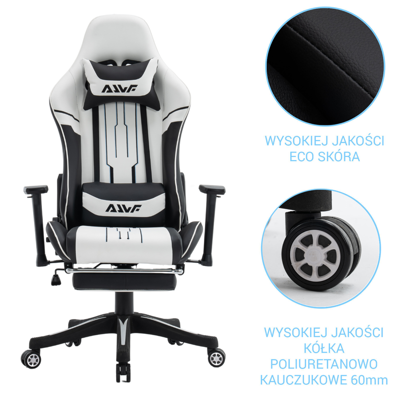Fotel dla gracza gamingowy ergonomiczny krzesło z podnóżkiem biało-czarny Cyber