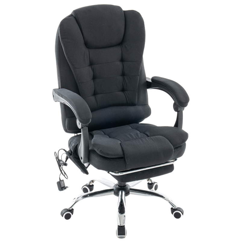 Fotel biurowy materiałowy ergonomiczny obrotowy krzesło z podnóżkiem FUNKCJA MASAŻU czarny Comfort Plus+