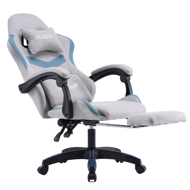 Fotel gamingowy z podnóżkiem zamszowy materiałowy krzesło dla gracza biurowy ergonomiczny szaro-niebieski Empo