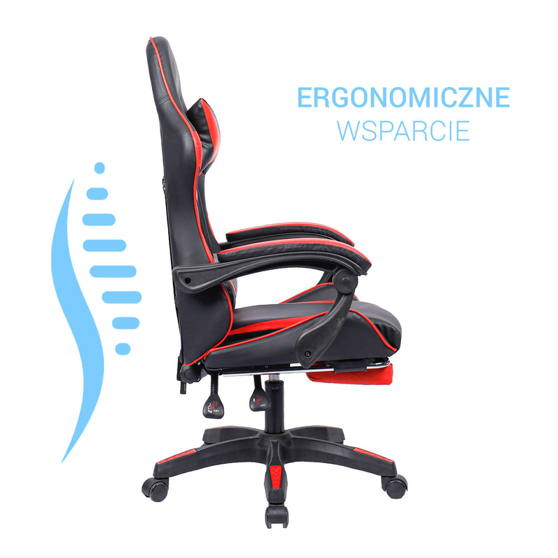 Fotel gamingowy krzesło dla gracza ergonomiczny kubełkowy z podnóżkiem biurowy czarno-czerwony Sienna