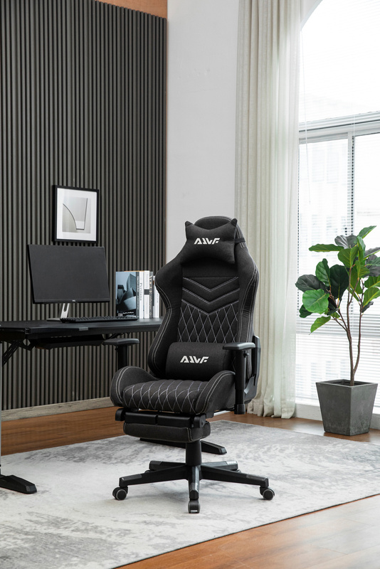 Fotel dla gracza gamingowy kubełkowy materiałowy ergonomiczny krzesło z podnóżkiem czarny Modern