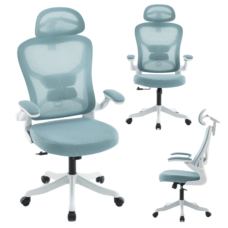 Fotel biurowy ergonomiczny obrotowy siateczkowy bujany krzesło błękitno-biały Prime