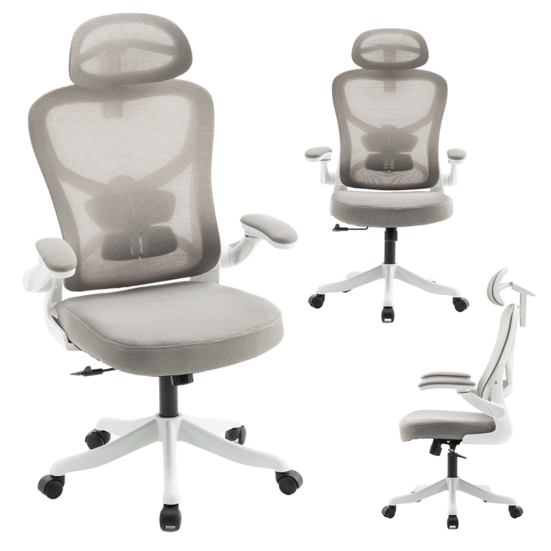 Fotel biurowy ergonomiczny obrotowy siateczkowy bujany krzesło szaro-biały Prime