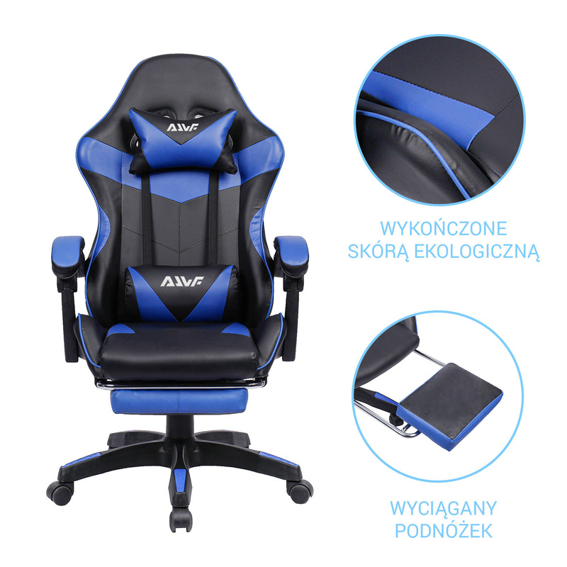 Fotel gamingowy z podnóżkiem krzesło dla gracza biurowy ergonomiczny czarno-niebieski Sienna