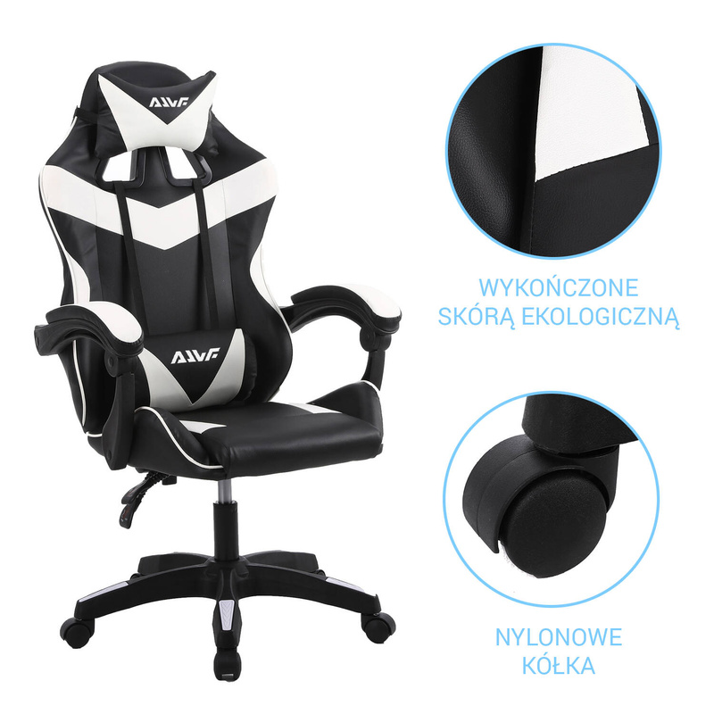 Fotel gamingowy krzesło dla gracza kubełkowy ergonomiczny biurowy biało-czarny Milan