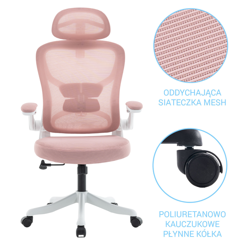 Fotel biurowy ergonomiczny obrotowy siateczkowy bujany krzesło różowo-biały Prime