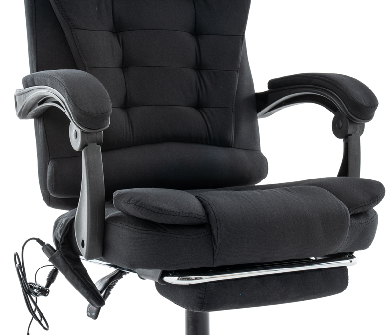 Fotel biurowy materiałowy ergonomiczny obrotowy krzesło z podnóżkiem FUNKCJA MASAŻU czarny Comfort Plus+