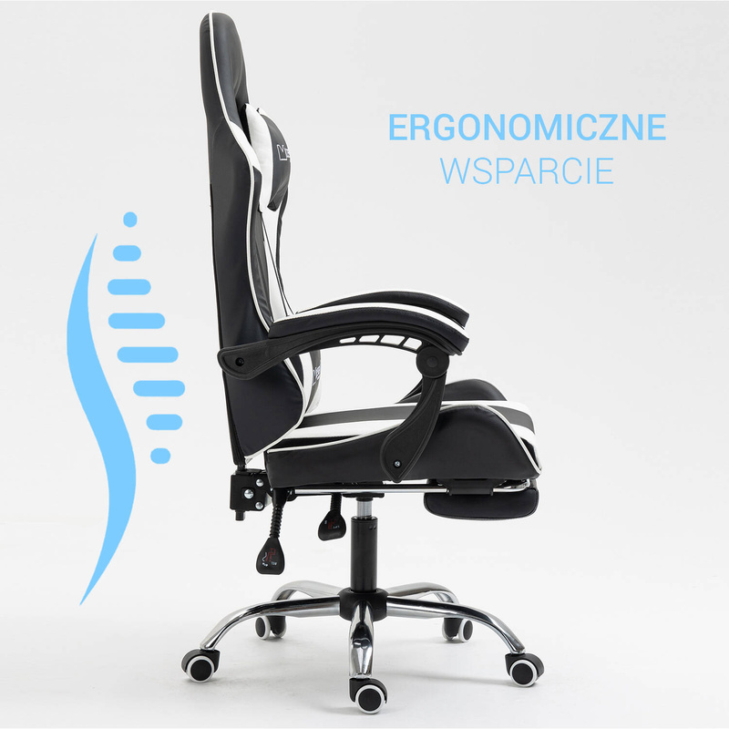 Fotel dla gracza gamingowy obrotowy krzesło z podnóżkiem biało-czarny Boss