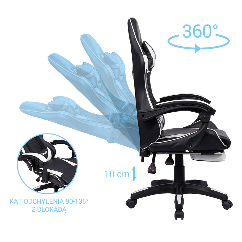 Fotel dla gracza gamingowy krzesło z podnóżkiem ergonomiczny biurowy obrotowy biało-czarny Sienna