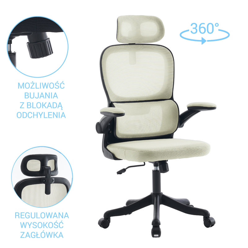 Fotel biurowy ergonomiczny obrotowy siateczkowy bujany beżowo-czarny Classic