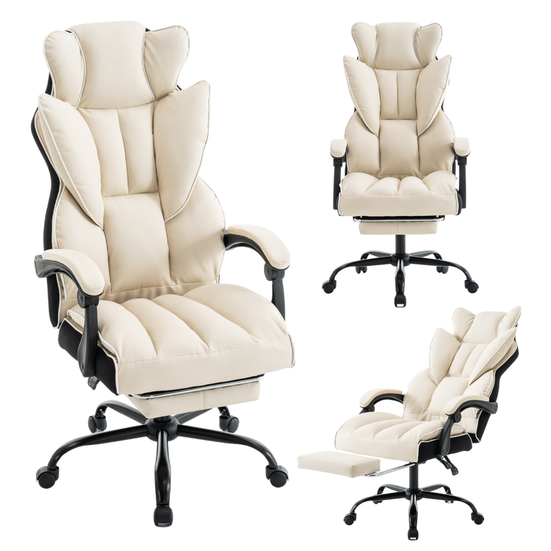 Fotel biurowy ergonomiczny obrotowy krzesło z podnóżkiem beżowo-biały Premium