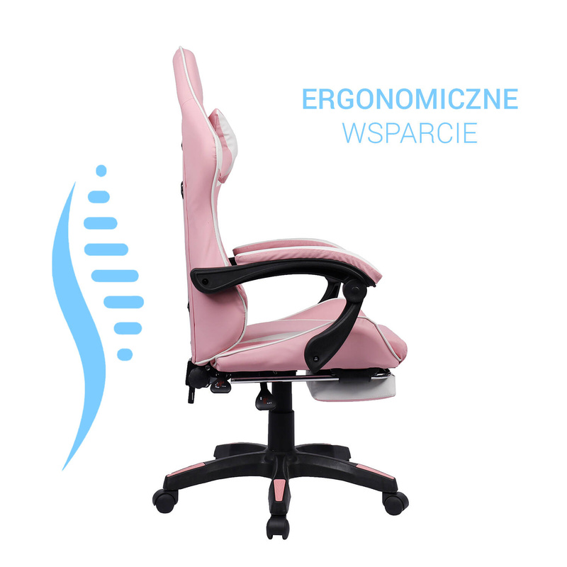Fotel dla gracza gamingowy biurowy ergonomiczny z podnóżkiem krzesło obrotowe biało-różowy Sienna