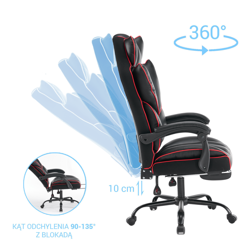 Fotel biurowy ergonomiczny obrotowy krzesło z podnóżkiem czarno-czerwony Premium