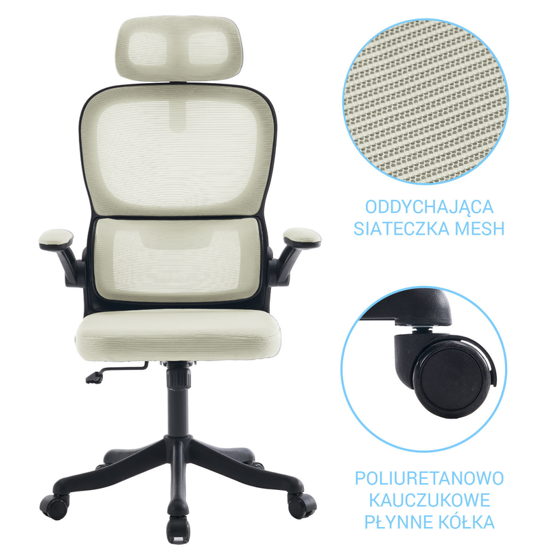 Fotel biurowy ergonomiczny obrotowy siateczkowy bujany beżowo-czarny Classic