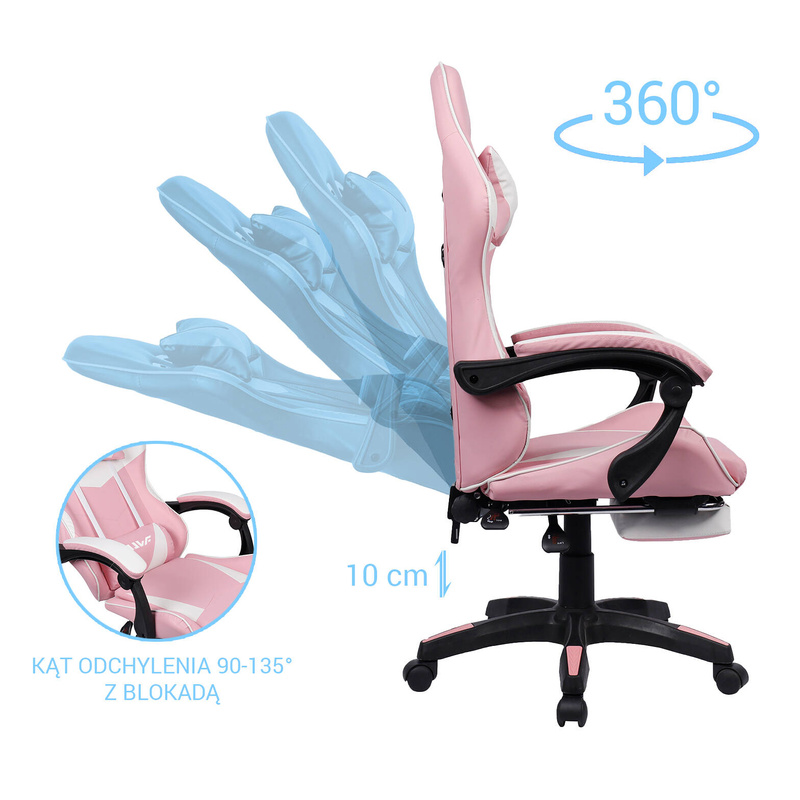 Fotel dla gracza gamingowy biurowy ergonomiczny z podnóżkiem krzesło obrotowe biało-różowy Sienna