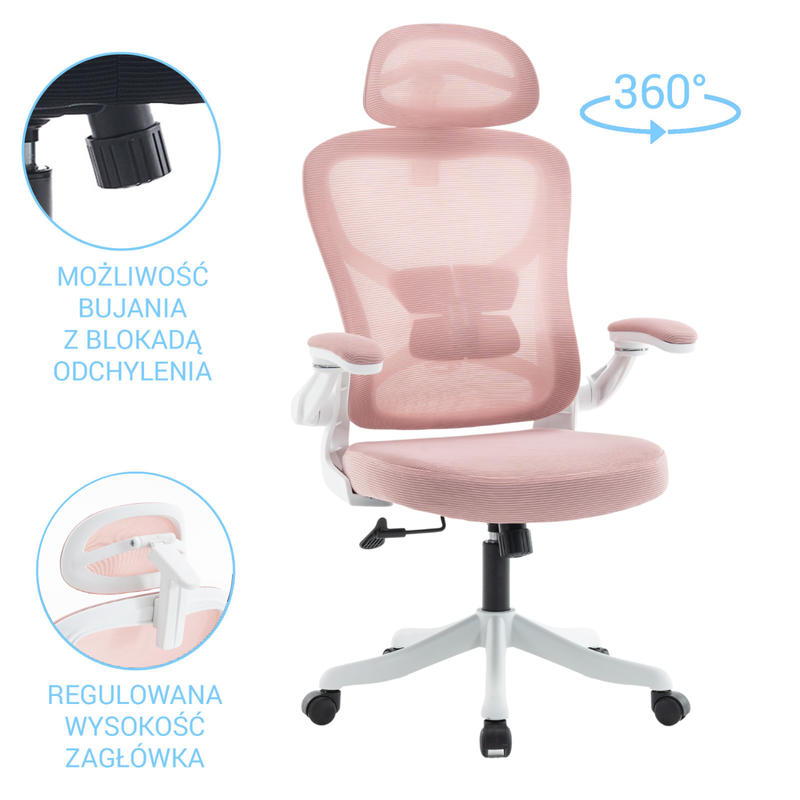Fotel biurowy ergonomiczny obrotowy siateczkowy bujany krzesło różowo-biały Prime