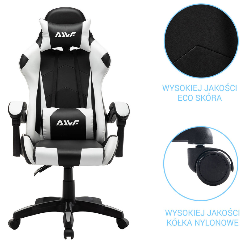 Fotel gamingowy krzesło dla gracza kubełkowy biurowy obrotowy czarno-biały Vito