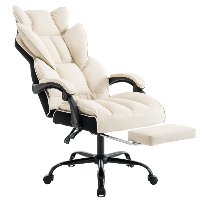 Fotel biurowy ergonomiczny obrotowy krzesło z podnóżkiem beżowo-biały Premium