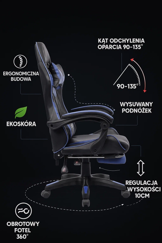Fotel gamingowy z podnóżkiem krzesło dla gracza biurowy ergonomiczny czarno-niebieski Sienna