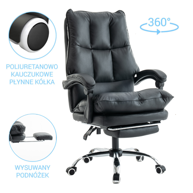 Fotel biurowy ergonomiczny obrotowy bujany krzesło z podnóżkiem ekoskóra czarny Elegant