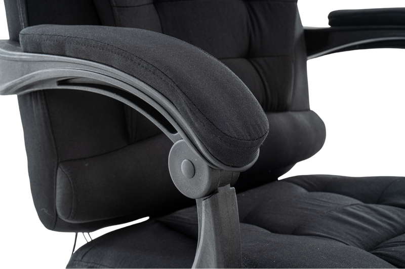 Fotel biurowy materiałowy ergonomiczny obrotowy krzesło z podnóżkiem FUNKCJA MASAŻU czarny Comfort Plus+