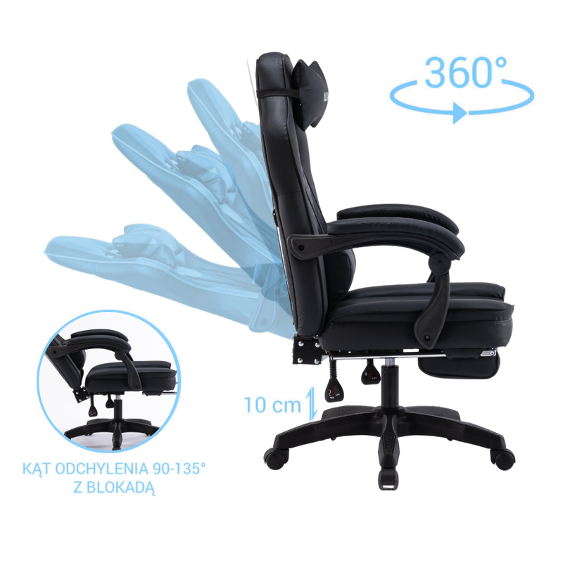 Fotel gamingowy z podnóżkiem ekoskóra krzesło dla gracza biurowy ergonomiczny czarny Champion