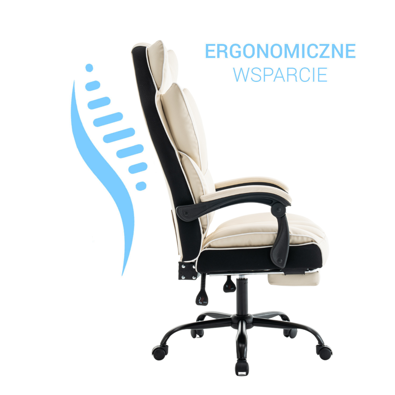 Fotel biurowy ergonomiczny obrotowy krzesło z podnóżkiem beżowo-biały Premium