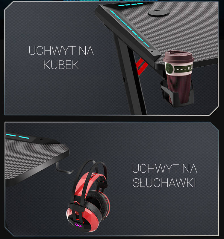 Biurko dla gracza komputerowe gamingowe z podświetleniem LED 120x60 czarno-czerwone Hermes